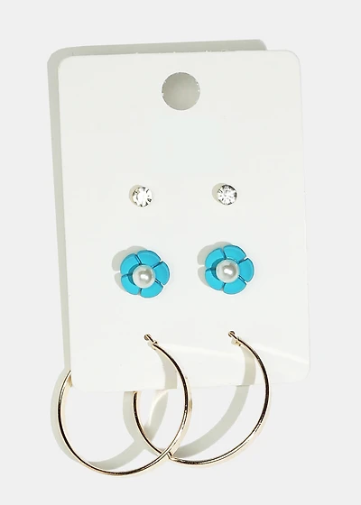 3-Pair Flower Stud & Hoop Earrings