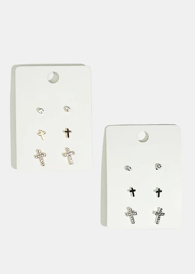3-Pair Rhinestone Cross Stud Earrings