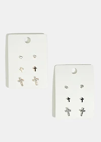 3-Pair Rhinestone Cross Stud Earrings