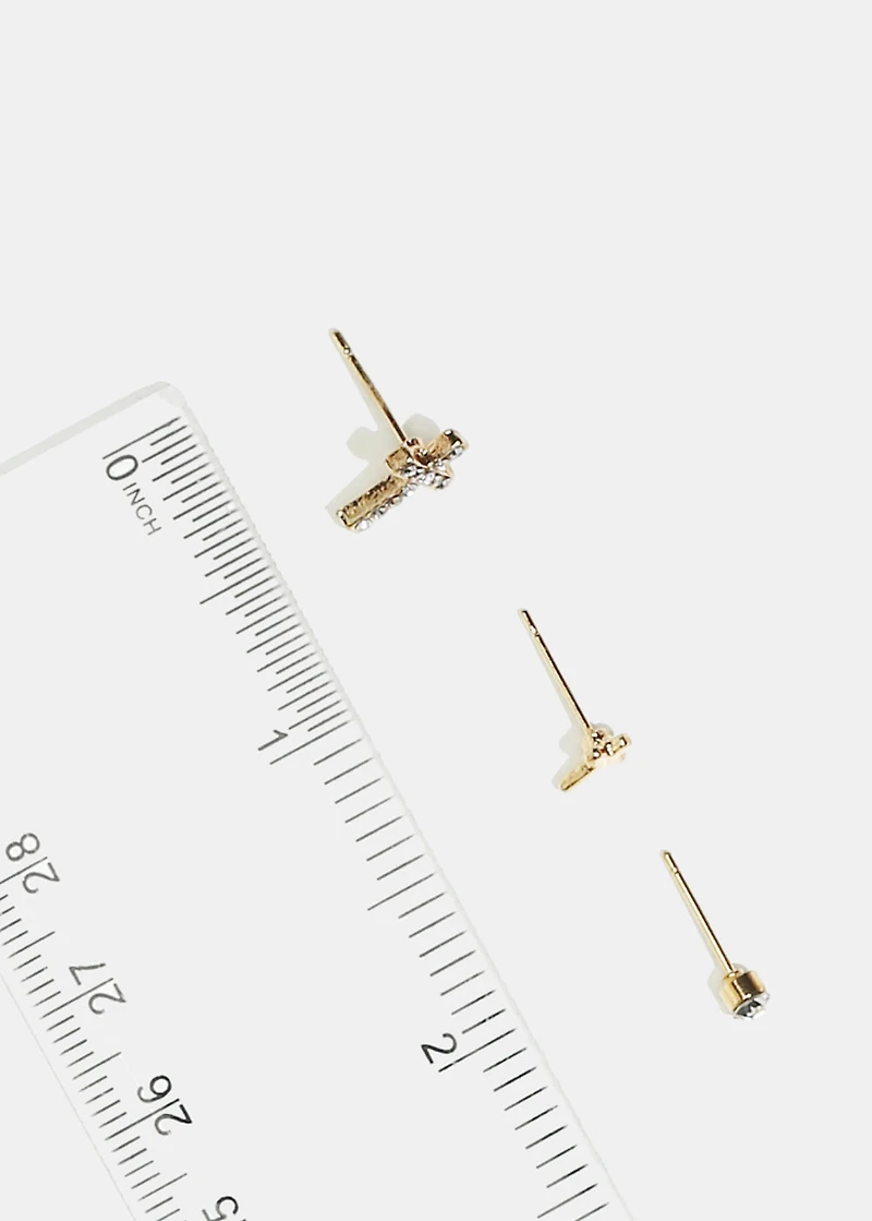 3-Pair Rhinestone Cross Stud Earrings