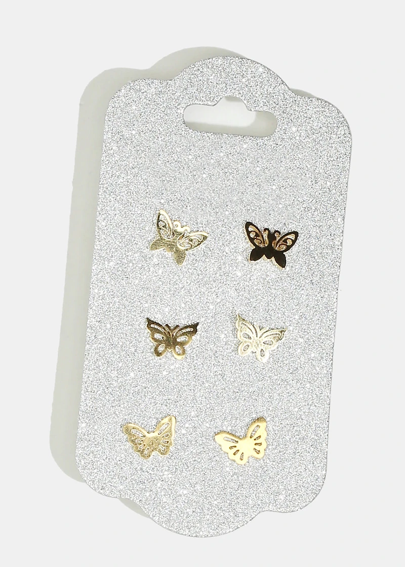 3-Pair Butterfly Stud Earrings