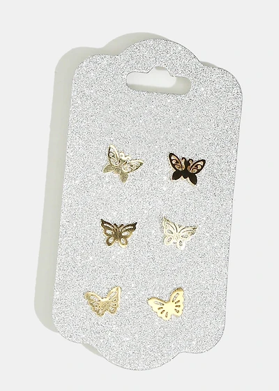 3-Pair Butterfly Stud Earrings