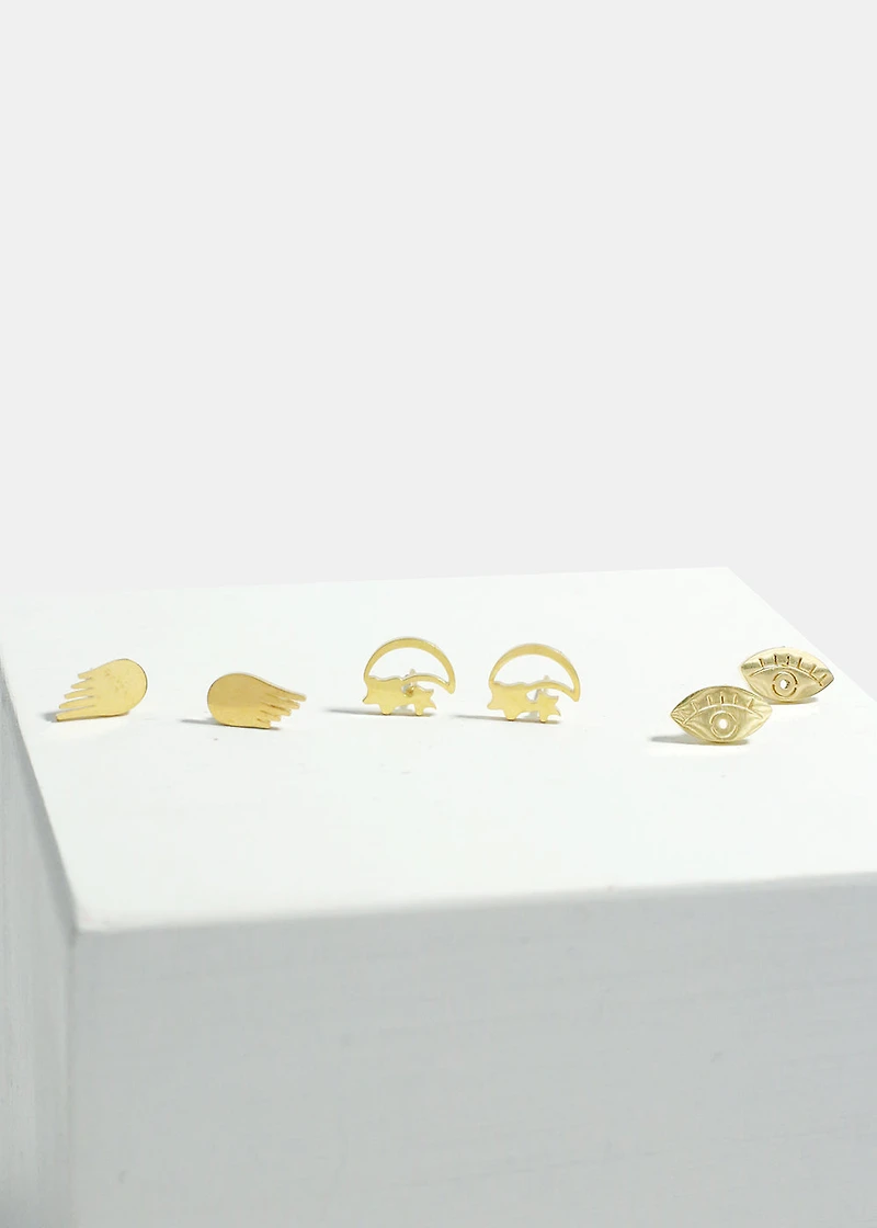 3-Pair Eye & Wings Stud Earrings