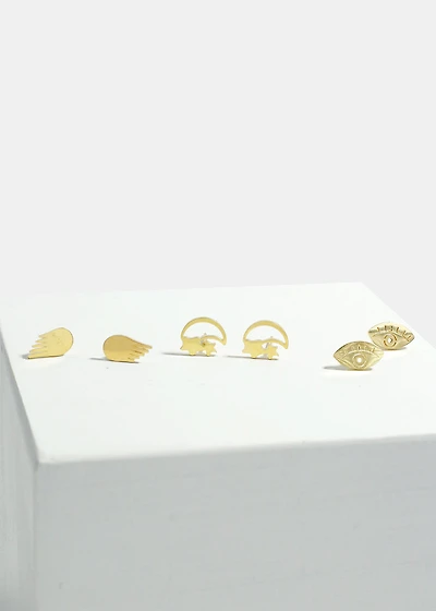 3-Pair Eye & Wings Stud Earrings