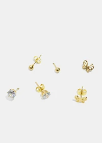 3-Pair Butterfly & Gemstone Stud Earrings