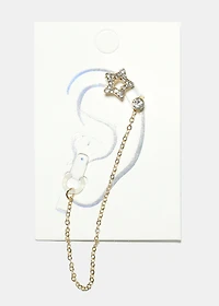 Gemstone Studded Heart Cuff Earring with Earphone Chain Holder