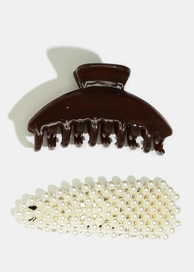 2-Piece Pearl-Studded Snap & Jaw Clip