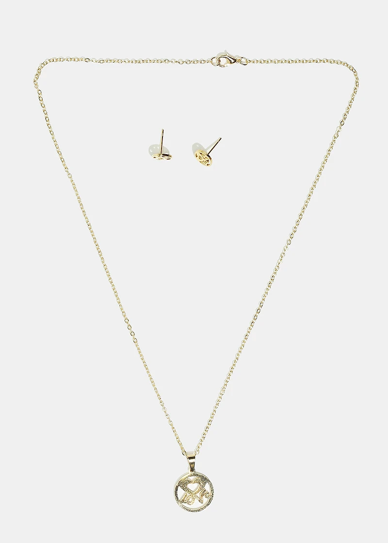 Heart & "LOVE" Circle Necklace with Stud Earrings