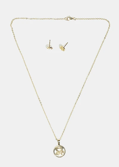Heart & "LOVE" Circle Necklace with Stud Earrings