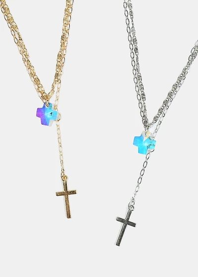 Cross and Gem Layered Necklace