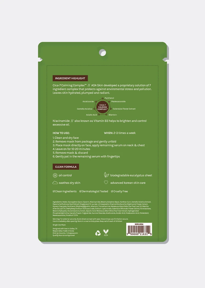 AOA Skin Niacinamide 2% + CICA 7 Calming Complex Sheet Mask