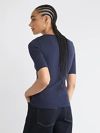 T-Shirt Ajusté à Manches aux Coudes et Col Rond