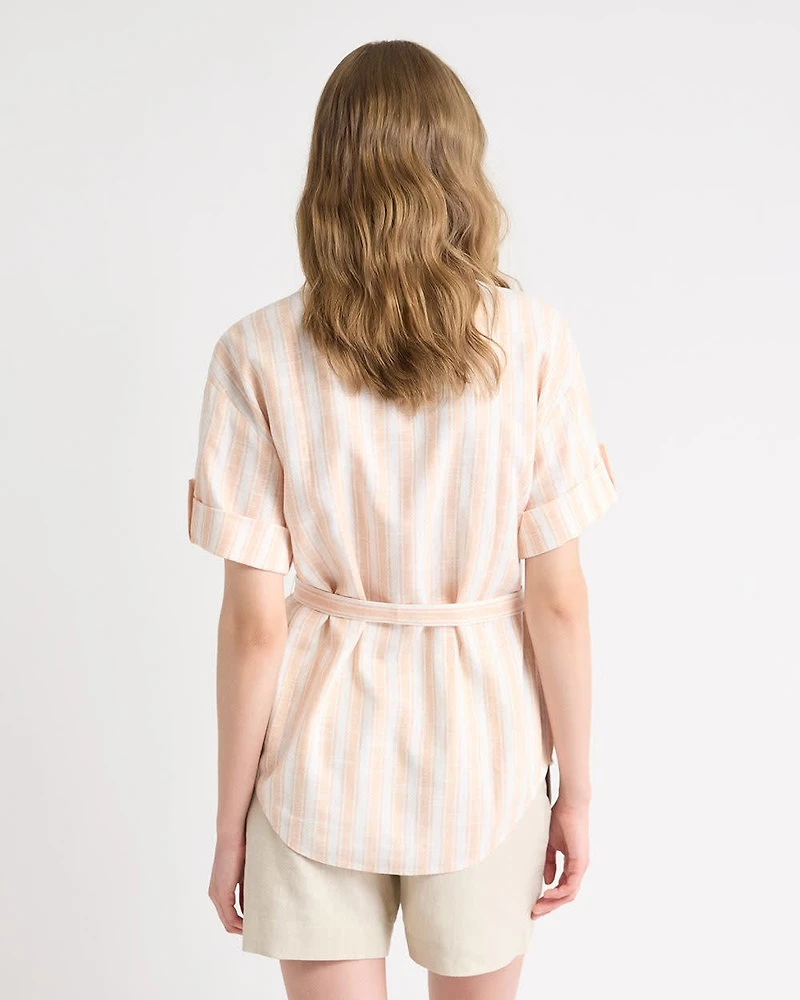 Short-Sleeve Linen-Blend Blouse with Removable Belt