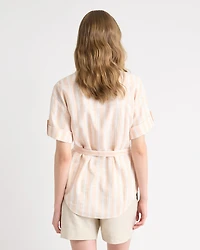 Short-Sleeve Linen-Blend Blouse with Removable Belt