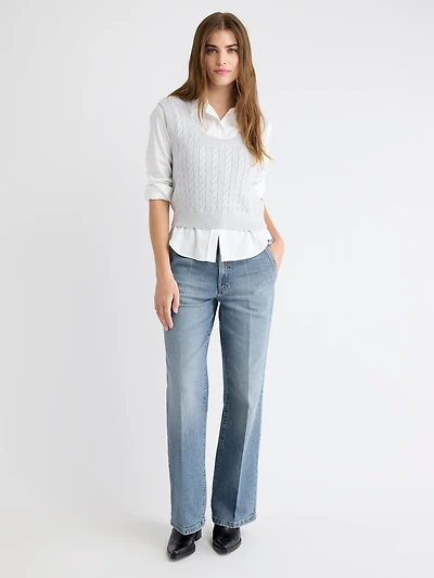 Jeans Long à Taille Mi-Haute et Jambe Large