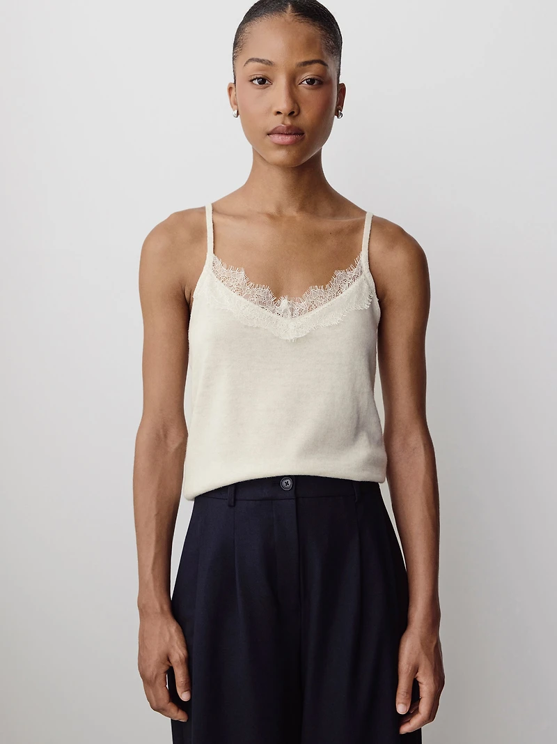 Merino-Wool V-Neck Cami with Lace Trim