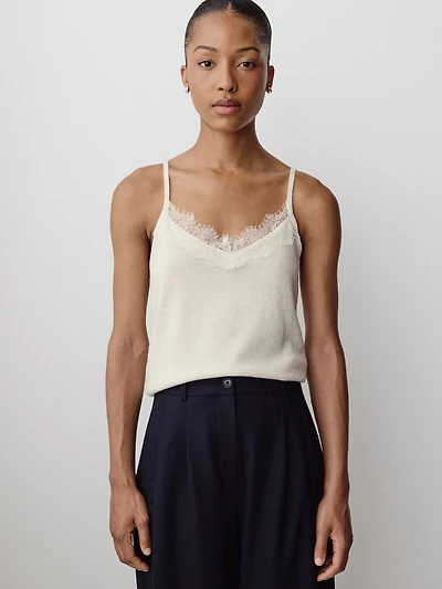 Merino-Wool V-Neck Cami with Lace Trim