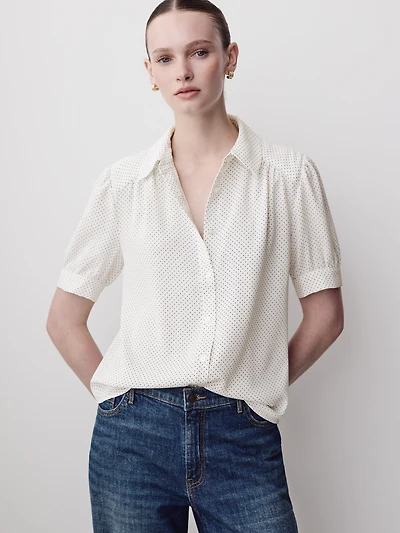 Silky Crepe Short-Sleeve Buttoned-Down Blouse