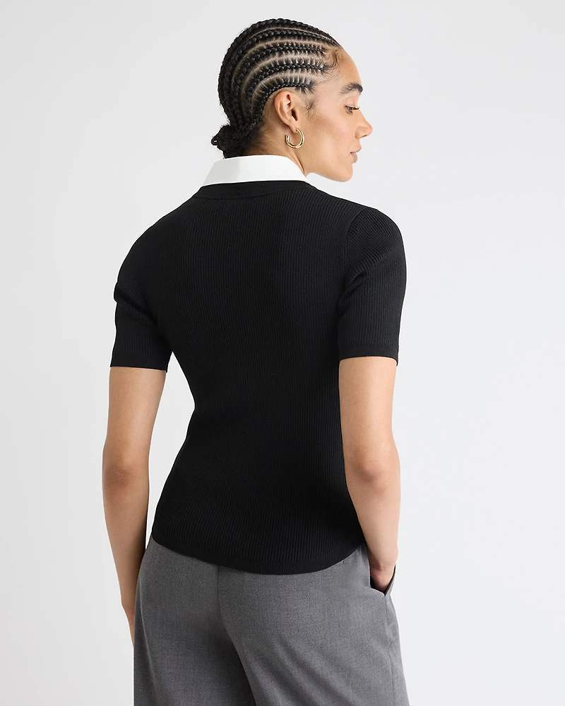 Elbow-Sleeve Ribbed Sweater with Removable Shirt Collar