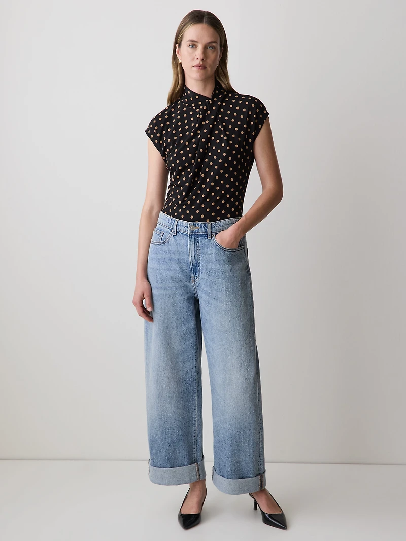 Extended-Sleeve Top with Crossover Draped Mock Neckline