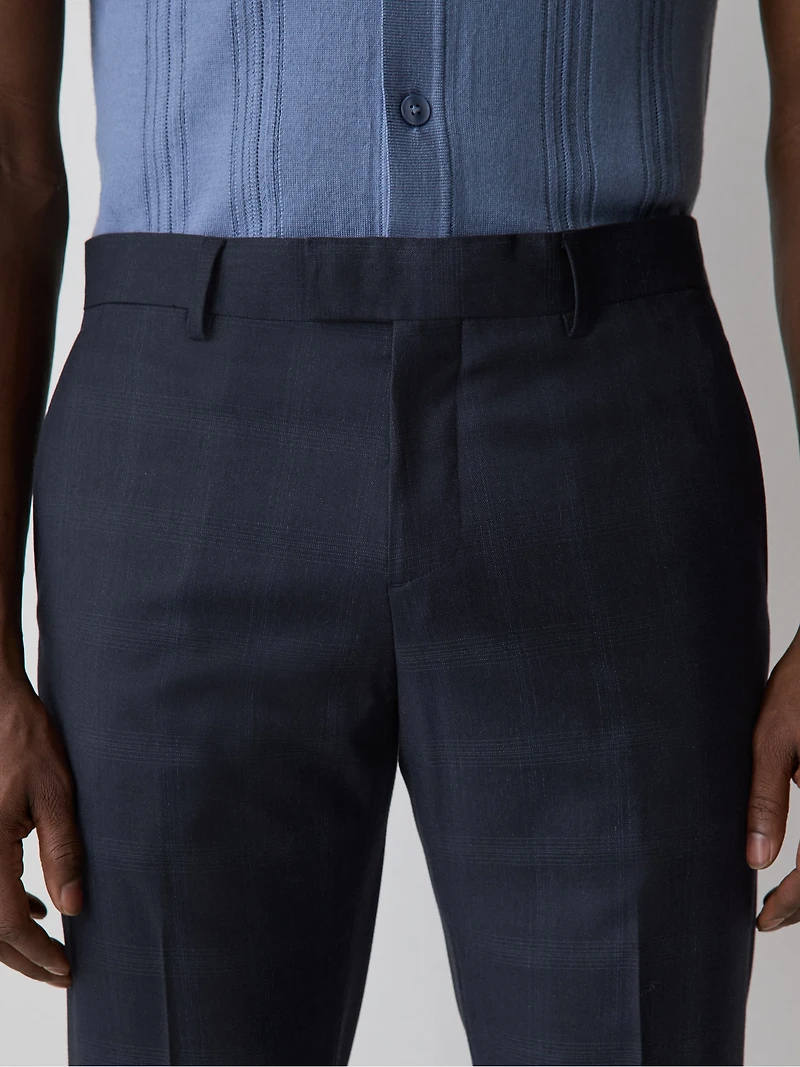 Pantalon de Complet Carreauté Marine à Coupe Ajustée