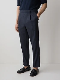 Linen-Blend Tapered-Leg Pleated Pant