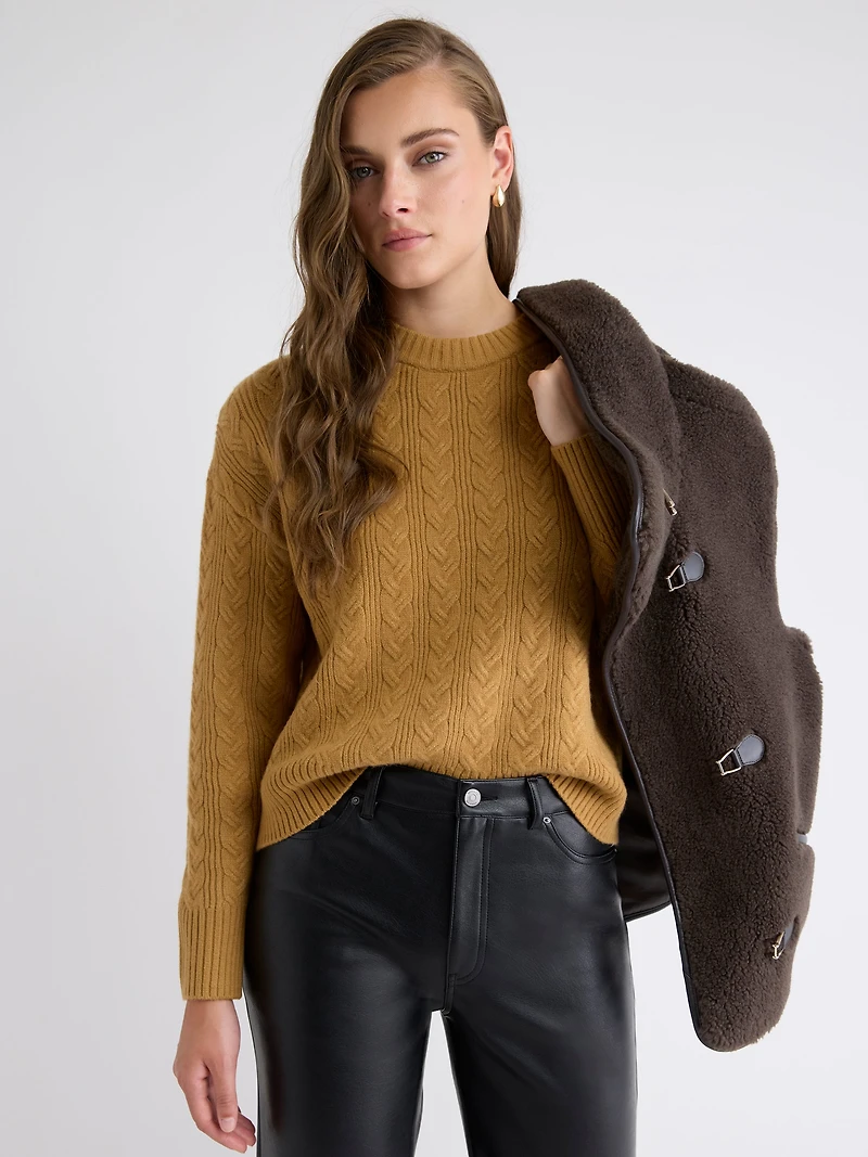 Long-Sleeve Crew-Neck Sweater with Cable Stitches