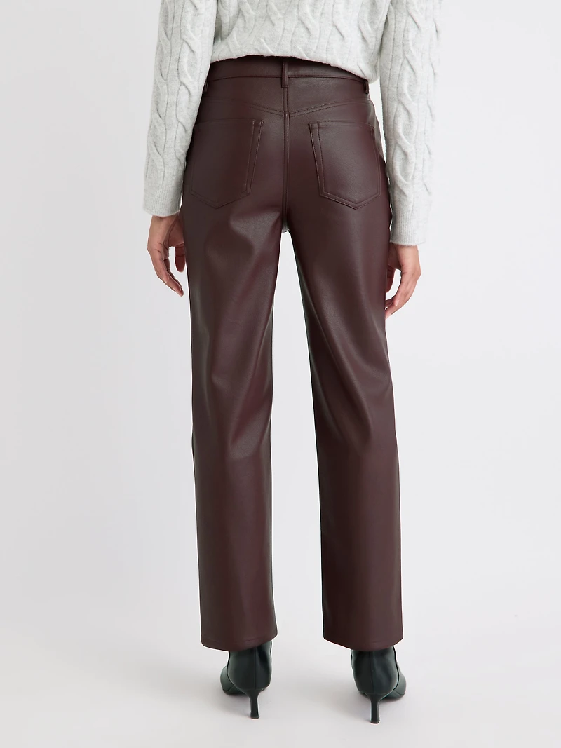 Pantalon Taille Haute en Faux Cuir à Jambe Droite