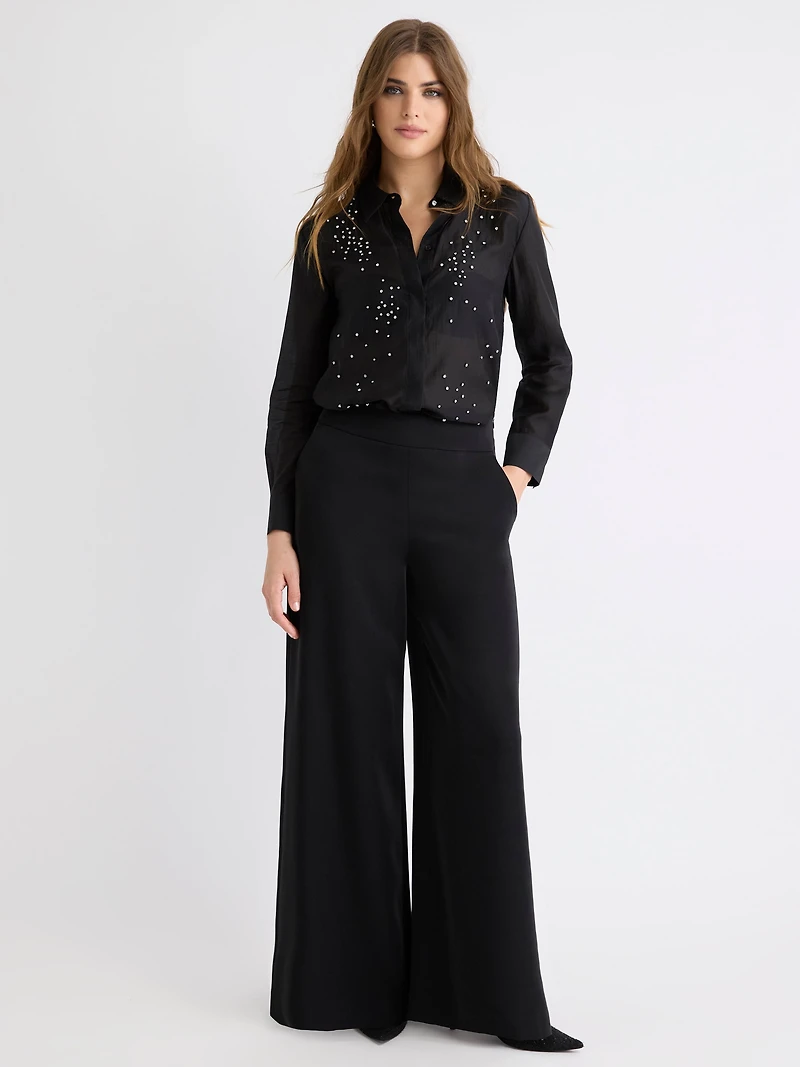 Blouse Boutonnée à Manches Longues avec Strass