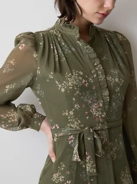 Robe Midi Boutonnée à Manches Longues et Col Montant