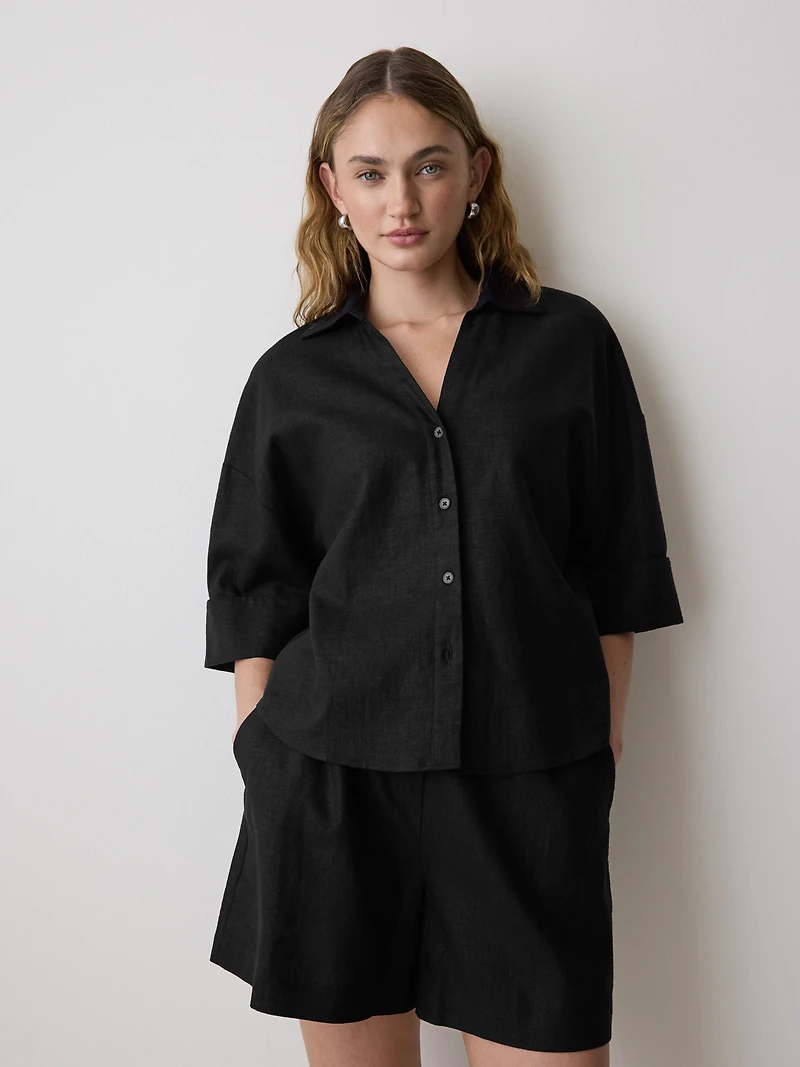 Blouse en Mélange de Lin à Manches Courtes et Col Chemisier