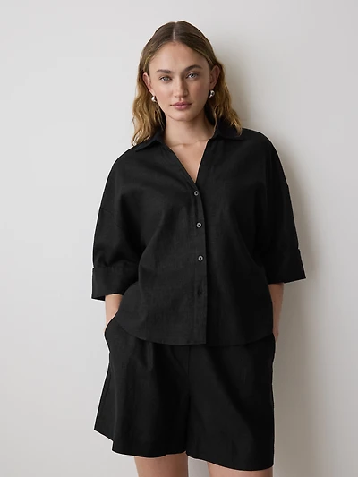 Blouse en Mélange de Lin à Manches Courtes et Col Chemisier