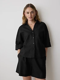 Blouse en Mélange de Lin à Manches Courtes et Col Chemisier