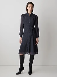 Robe Midi Boutonnée à Manches Longues et Col Montant