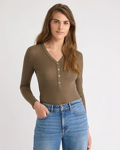 Long-Sleeve Henley-Neck Wool-Blend Ribbed Top