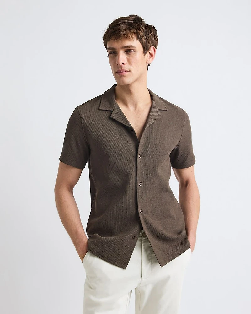 Slim-Fit Short-Sleeve Knit Shirt with Camp Collar
