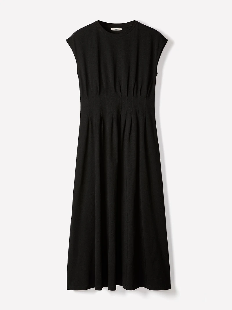 Extended-Sleeve Crew-Neck Midi Dress with Pintucks