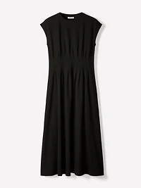 Extended-Sleeve Crew-Neck Midi Dress with Pintucks