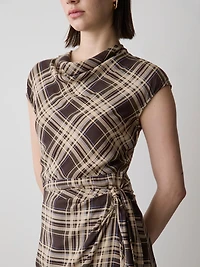 Extended-Sleeve Cowl-Neck Midi Dress with Wrap Detail