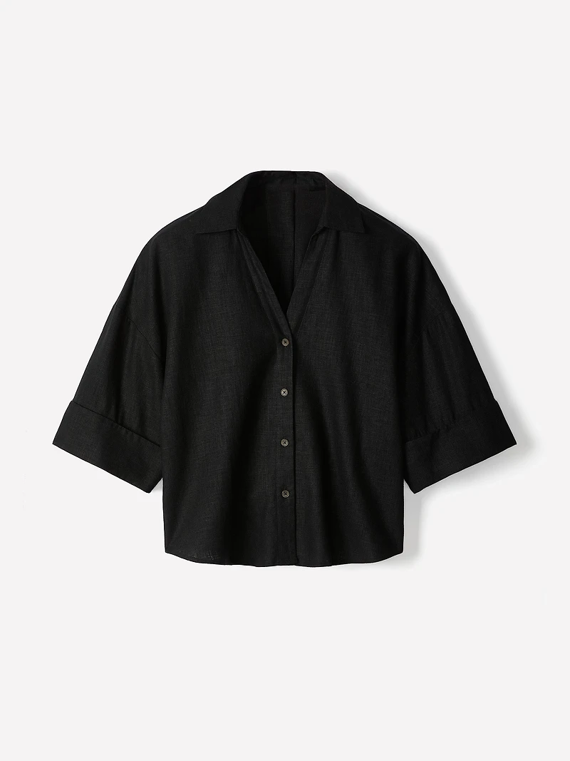 Blouse en Mélange de Lin à Manches Courtes et Col Chemisier