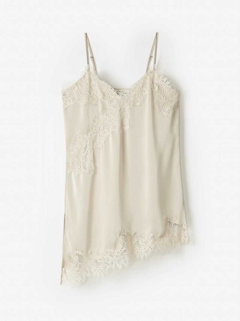 Blouse Sans Manches à Col V en Satin avec Garnitures Dentelle