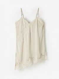 Blouse Sans Manches à Col V en Satin avec Garnitures Dentelle