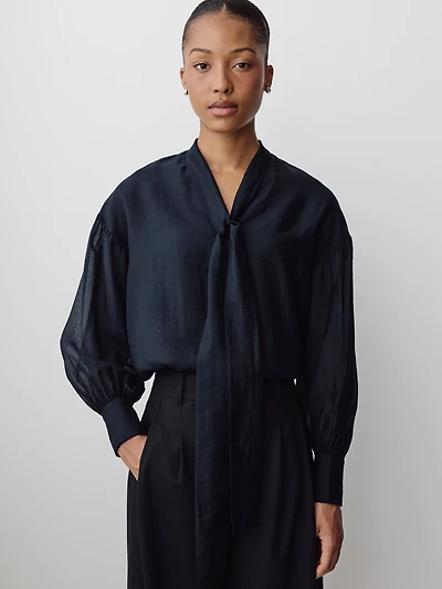 Long-Sleeve V-Neck Blouse with Ribbon at Neckline