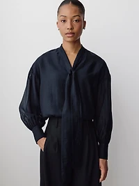 Long-Sleeve V-Neck Blouse with Ribbon at Neckline