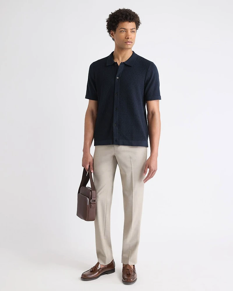 Short-Sleeve Buttoned-Down Textured Sweater with Shirt Collar