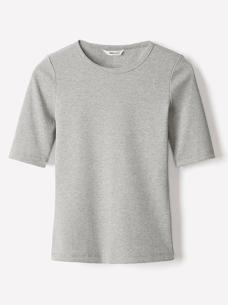 T-Shirt Côtelé à Manches aux Coudes et Col Rond