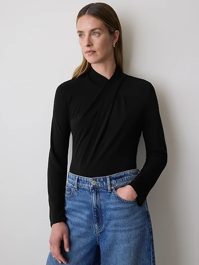 Haut à Manches Longues Col Montant Drapé Détail Croisé