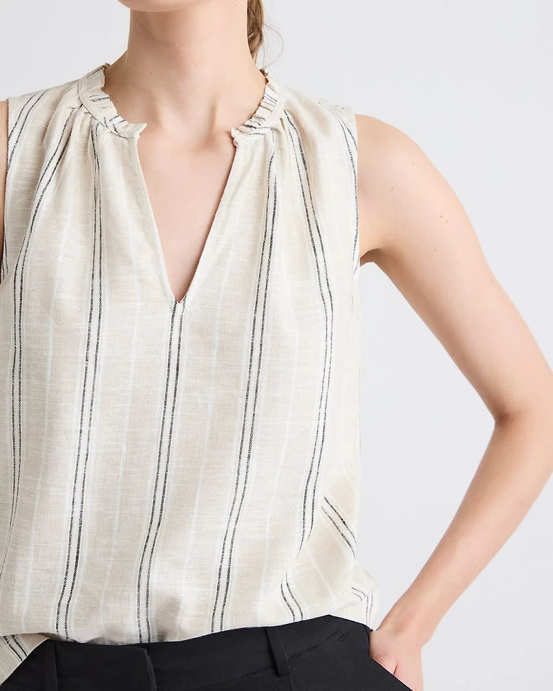 Striped Sleeveless V-Neck Linen-Blend Blouse