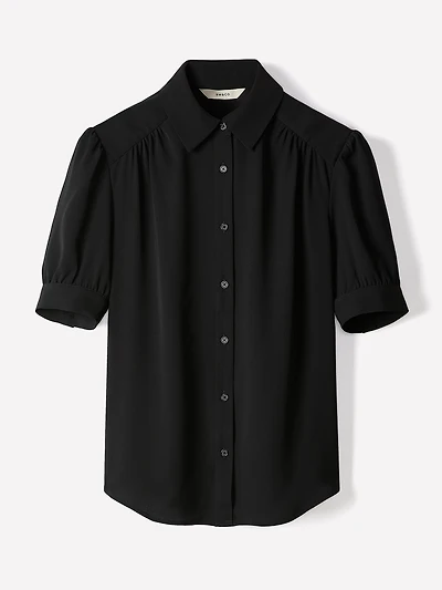 Silky Crepe Short-Sleeve Buttoned-Down Blouse