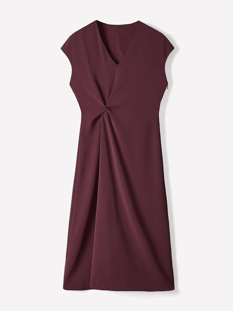 Extended-Sleeve V-Neck Twill Midi Dress